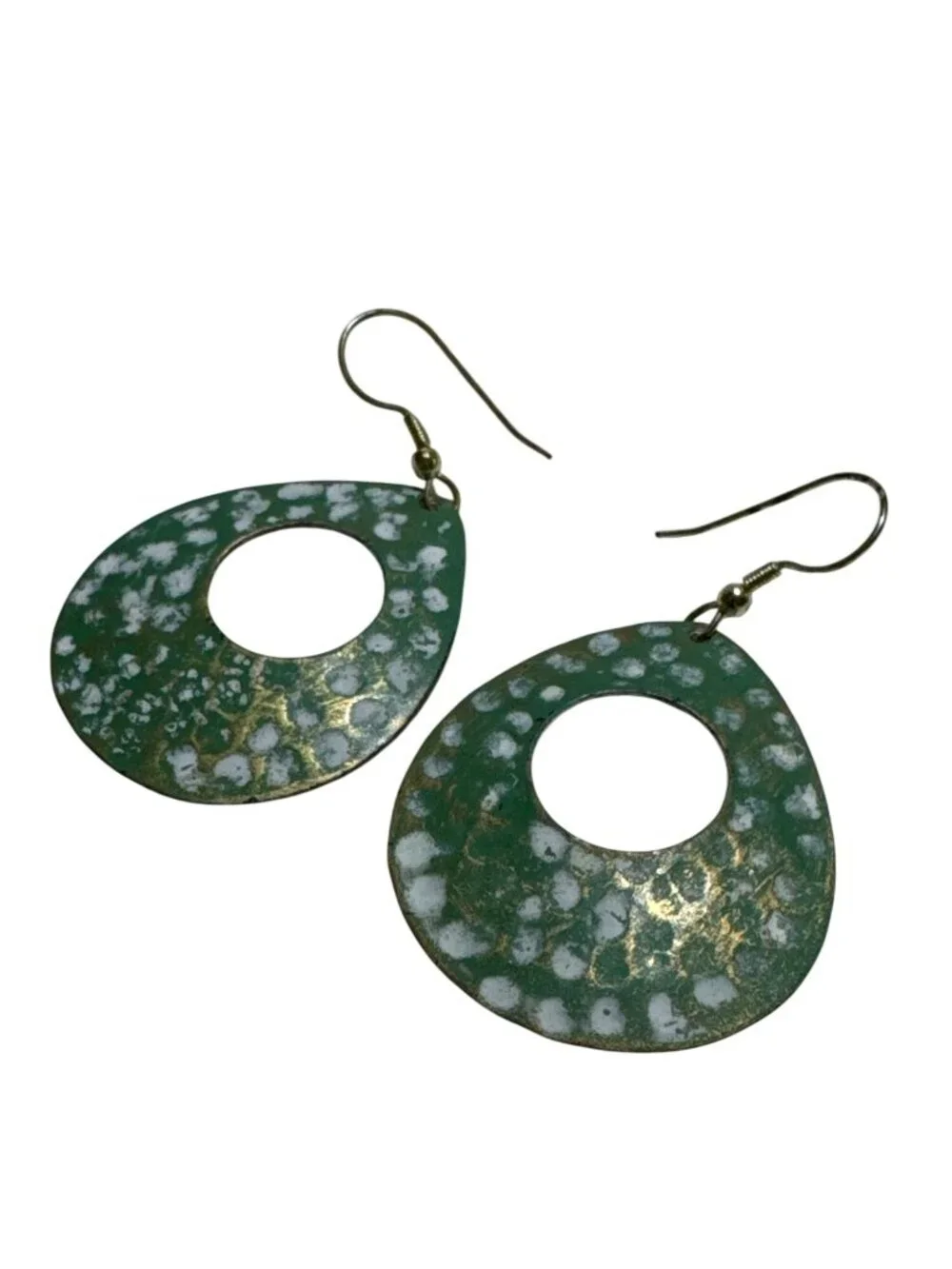 Dimpled Teardrop Dangle Earrings Green & Gold Metal Abstract Pattern